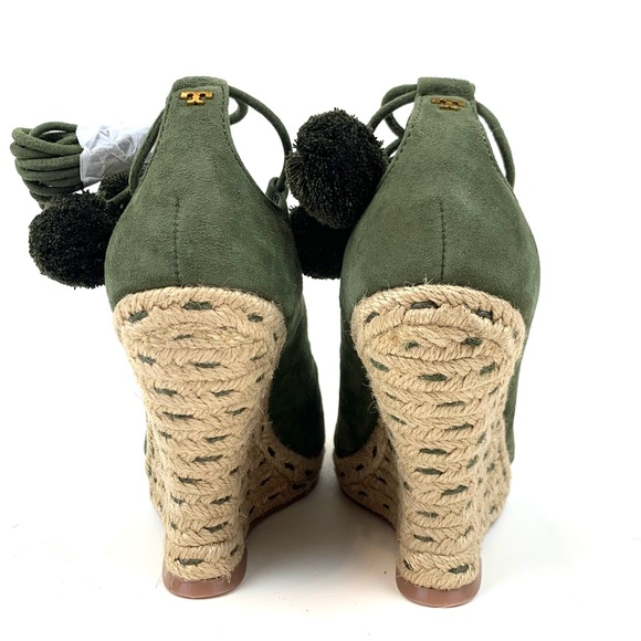 Tory Burch Heather Wedge Espadrille Green Suede Leather Lace Up Heel Size 6 - Picture 4 of 6
